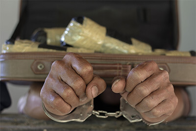 Drug traffickers were arrested along with their heroin. Police arrest drug trafficker with handcuffs.